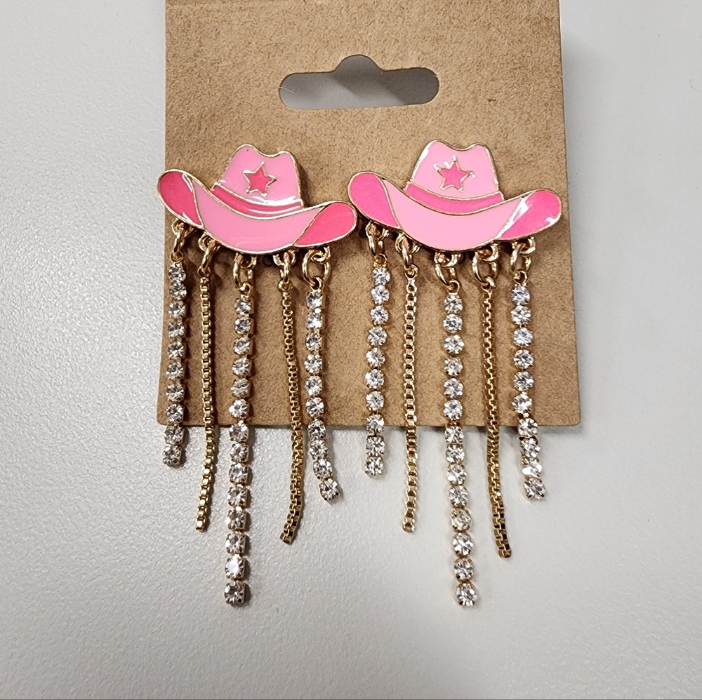 Pink Enamel Cowgirl Hat Earrings Rhinestone Tassels & Gold Chain Fringe Western